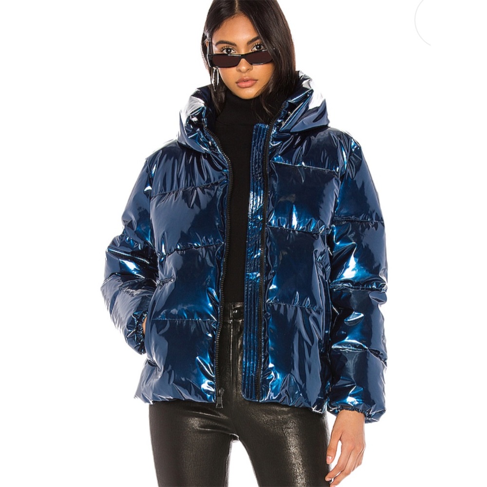 KENDALL + KYLIE Metallic Puffer Jacket in Blue S - Picture 2 of 12